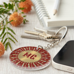 Gold Red White Diamonds Custom Monogram Keychain