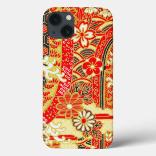 Gold Red White Japanese Kimono Floral Flower iPhone 13 Case