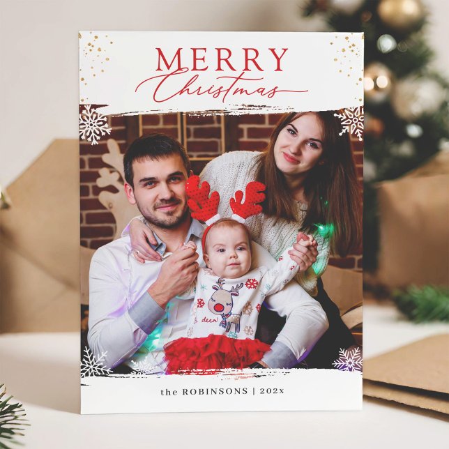 Gold Red White Snowflakes Merry Christmas Photo Holiday Card (Creator Uploaded)
