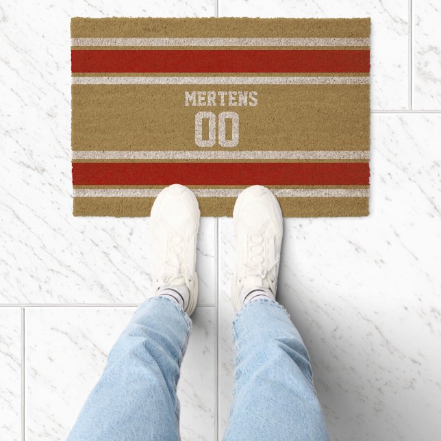 Gold Red White Sports Striped Team Name Coir Fiber Doormat (Insitu)