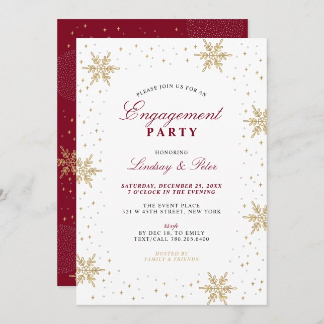 Gold & Red Winter Christmas Engagement Party Invit Invitation (Front/Back)