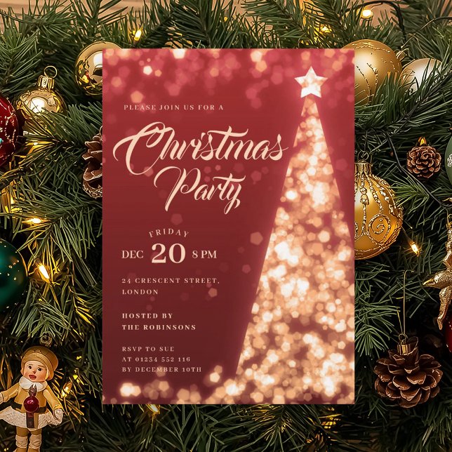 Gold Red Winter Christmas Tree Holiday Party Invitation (Gold Winter Diamonds Glitter Christmas Party Invitation)