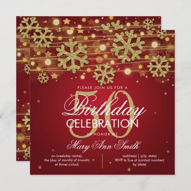 Gold Red Winter Glitter Glam 50th Birthday Invitation (Front/Back)