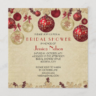 Gold/Red Winter Holiday Ornaments Bridal Shower Invitation