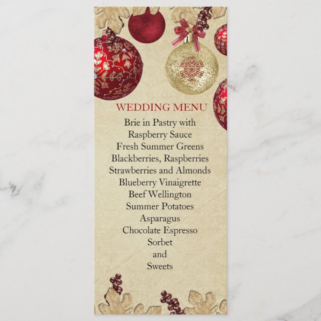 Gold/Red Winter Holiday Ornaments Wedding Menu (Front)
