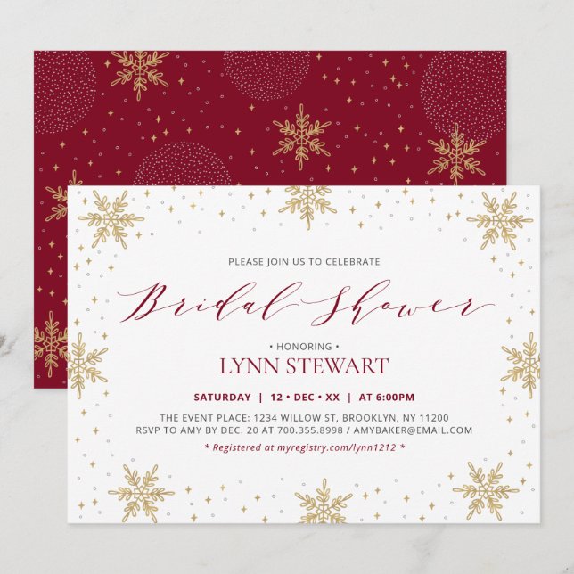 Gold & Red Winter Snowflake Wedding Bridal Shower Invitation (Front/Back)