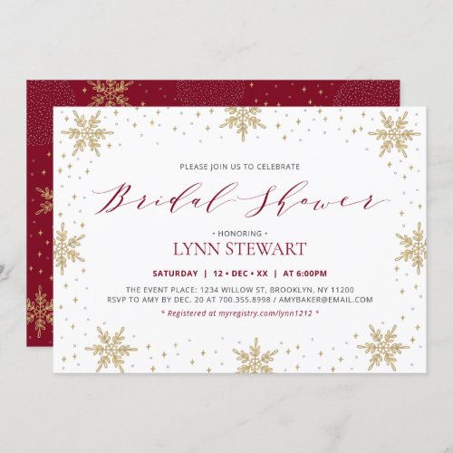 Gold  Red Winter Snowflake Wedding Bridal Shower Invitation