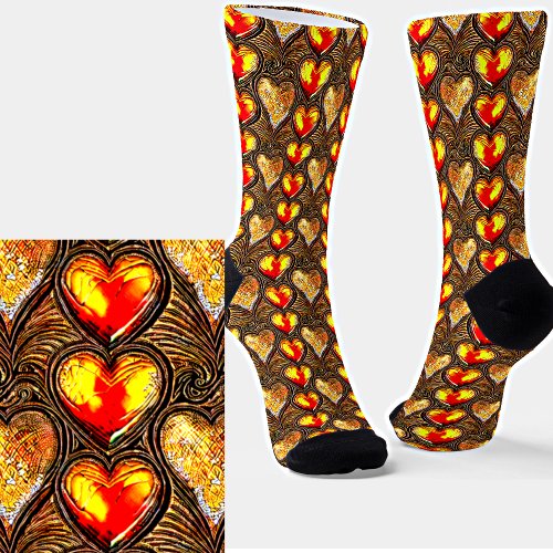 Gold Red Yellow Metallic Effect Hearts 3D on Brown Socks