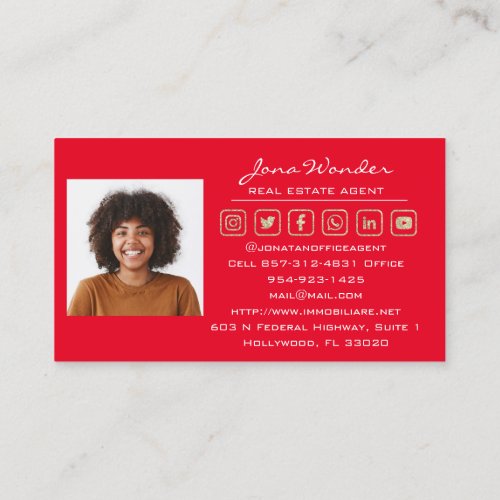 Gold RedSocial Media Logo Real Estate Agent Photo  Business Card