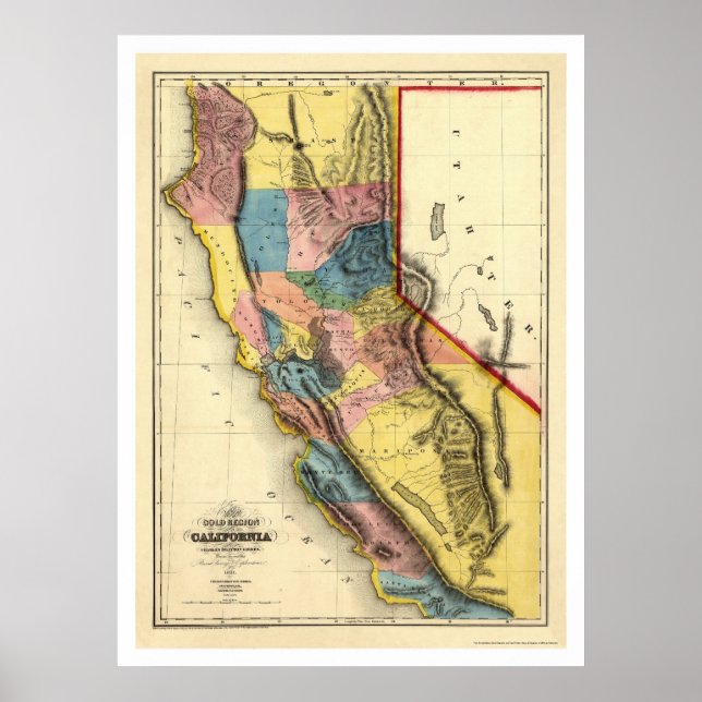 Gold Regions of California Map by Gibbes 1851 Poster (Front)