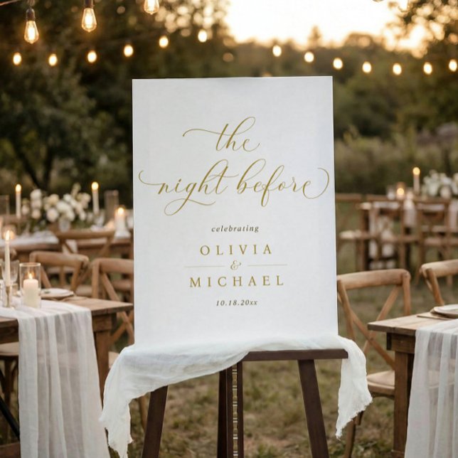 Gold Rehearsal Dinner Wedding Welcome Sign (Gold rehearsal dinner welcome sign with modern script for the night before the wedding)