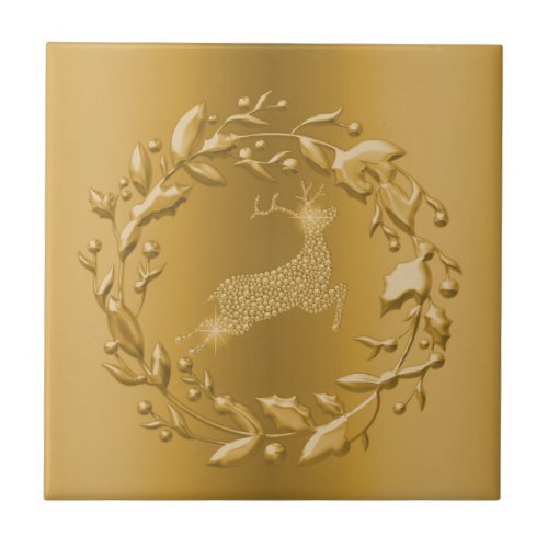 Gold Reindeer and Wreath Christmas Ceramic Tile