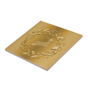 Gold Reindeer and Wreath Christmas Ceramic Tile