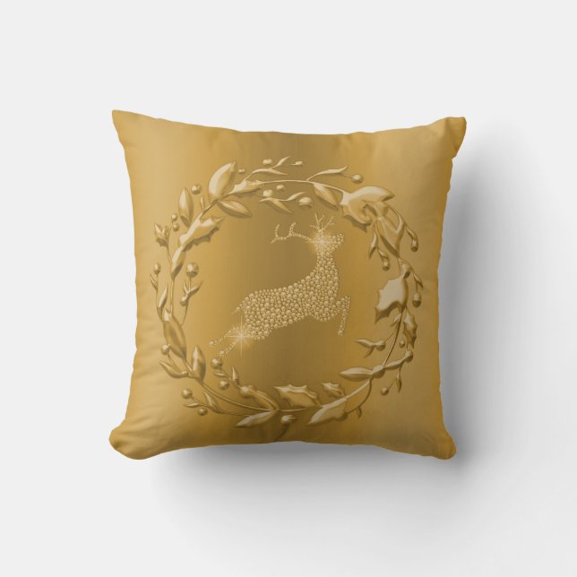 Gold Reindeer and Wreath Christmas Throw Pillow (Front)