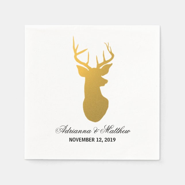 Gold Reindeer Antler Modern Silhouette Wedding Napkins (Front)