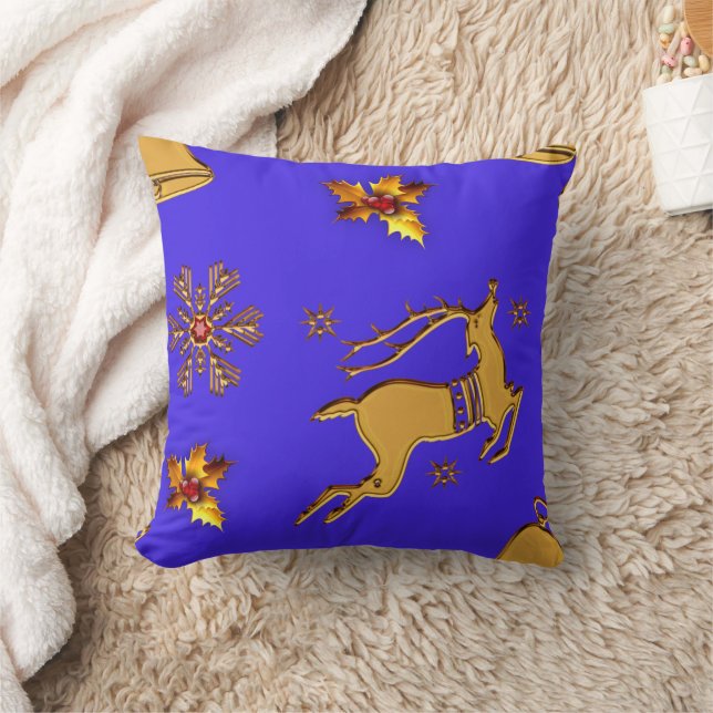 Gold Reindeer Christmas Throw Pillow (Blanket)