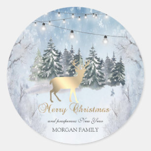 Gold Reindeer,Forest,String Lights Landscape Classic Round Sticker