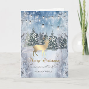 Gold Reindeer,Forest,String Lights Landscape  Holiday Card