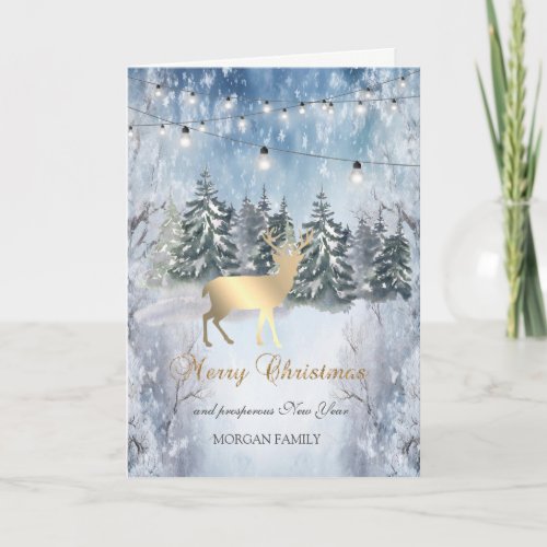 Gold ReindeerForestString Lights Landscape  Holiday Card