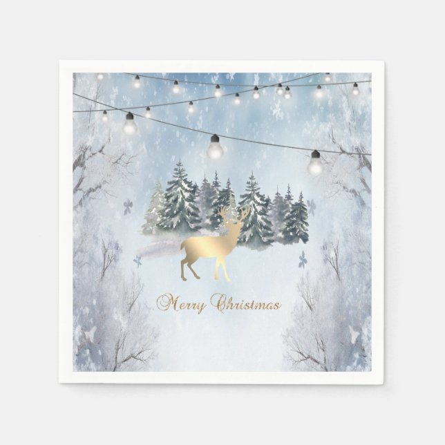 Gold Reindeer,Forest,String Lights Landscape  Napkins (Front)