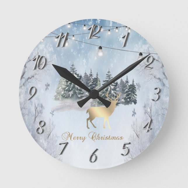 Gold Reindeer,Forest,String Lights Landscape  Round Clock (Front)