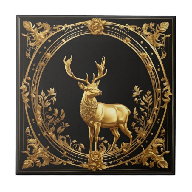 Gold reindeer gold and black ornamental frame ceramic tile (Front)