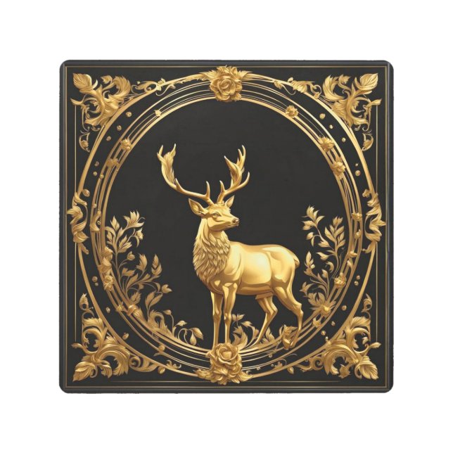 Gold reindeer gold and black ornamental frame metal print (Front)
