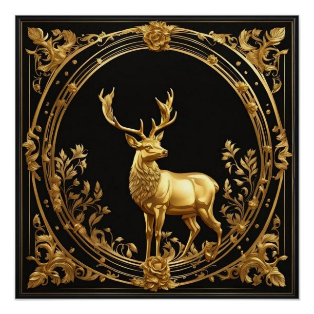 Gold reindeer gold and black ornamental frame poster (Front)