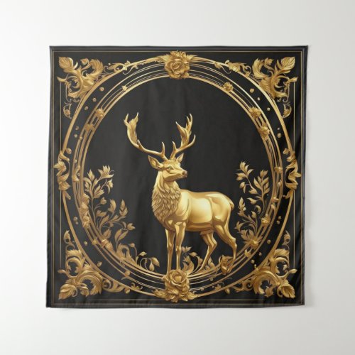 Gold reindeer gold and black ornamental frame tapestry