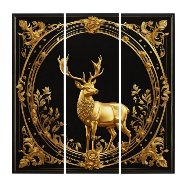 Gold reindeer gold and black ornamental frame triptych (Front)