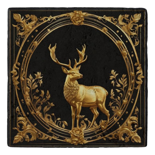 Gold reindeer gold and black ornamental frame trivet (Front)