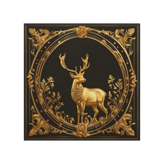 Gold reindeer gold and black ornamental frame wood wall art (Front)