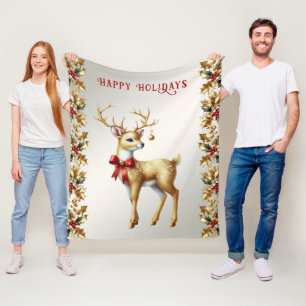 Gold Reindeer Holiday Fleece Blanket