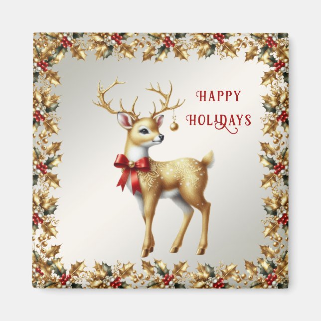 Gold Reindeer Holiday Magnet (Front)
