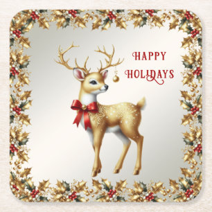 Gold Reindeer Holiday Paper Coaster