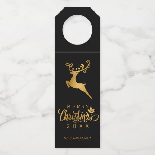Gold Reindeer Merry Christmas Black Custom Bottle Hanger Tag