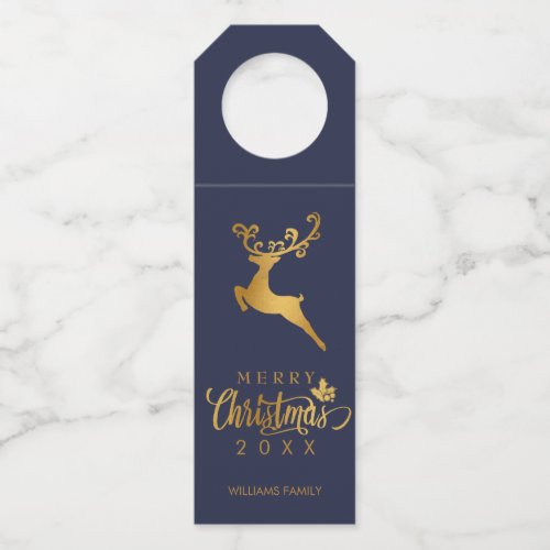 Gold Reindeer Merry Christmas Blue Custom Bottle Hanger Tag