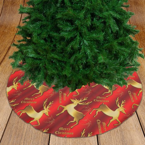 Gold Reindeer Merry Christmas Red Brushed Polyester Tree Skirt