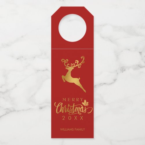 Gold Reindeer Merry Christmas Red Custom Bottle Hanger Tag