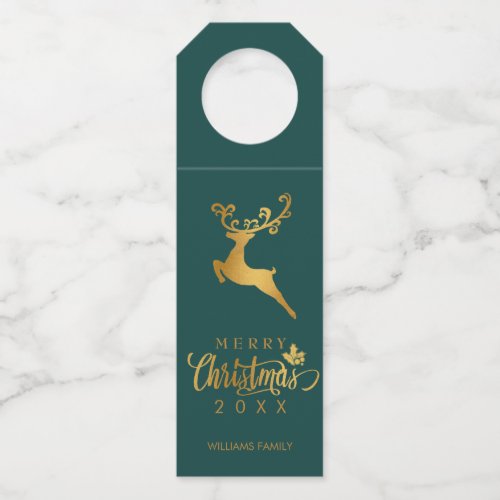 Gold Reindeer Merry Christmas Teal Custom Bottle Hanger Tag