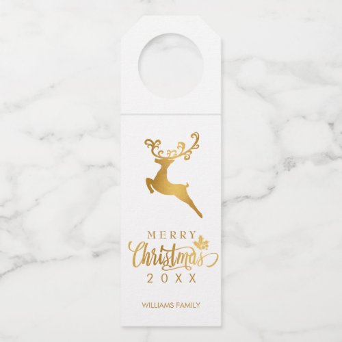 Gold Reindeer Merry Christmas White Custom Bottle Hanger Tag
