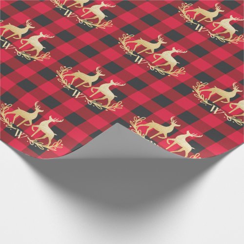 Gold Reindeer Monogram Red Buffalo Plaid Christmas Wrapping Paper