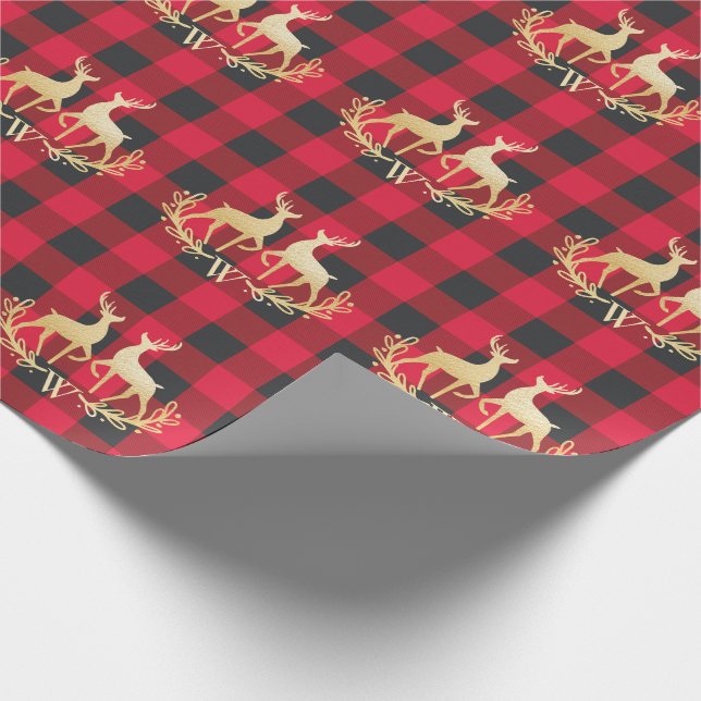 Gold Reindeer Monogram Red Buffalo Plaid Christmas Wrapping Paper (Corner)