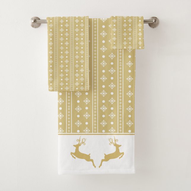 Gold Reindeer Nordic Pattern Bath Towel Set (Insitu)