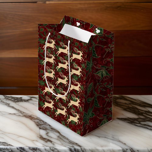 Gold Reindeer on Vintage Faux Red Green Velvet Medium Gift Bag