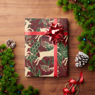 Gold Reindeer on Vintage Faux Red Green Velvet Wrapping Paper