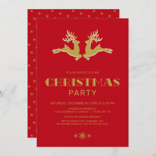 Gold Reindeer Red Christmas Party Invitation