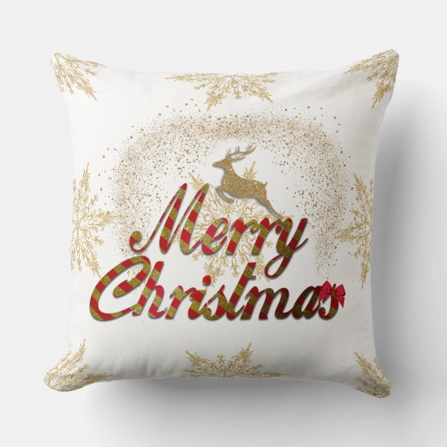 Gold Reindeer Snowflake/Red Heart Pillow (Front)