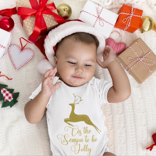 Gold Reindeer Tis the Season To Be Jolly Christmas Baby Bodysuit