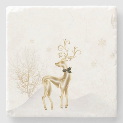 Gold Reindeer Winter Scene Stone Coaster